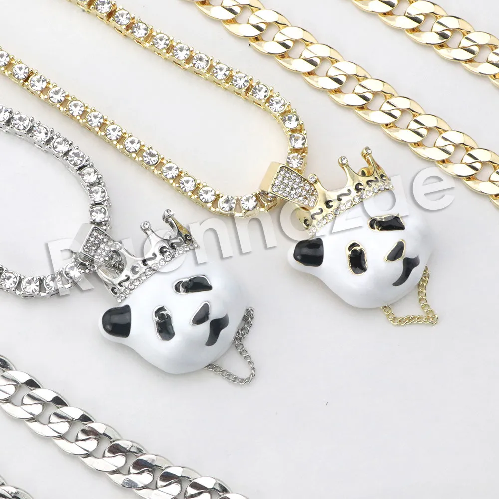 Micro Pave Iconic Cute Panda Pendant w/ 18" Tennis / 30" Cuban Chain