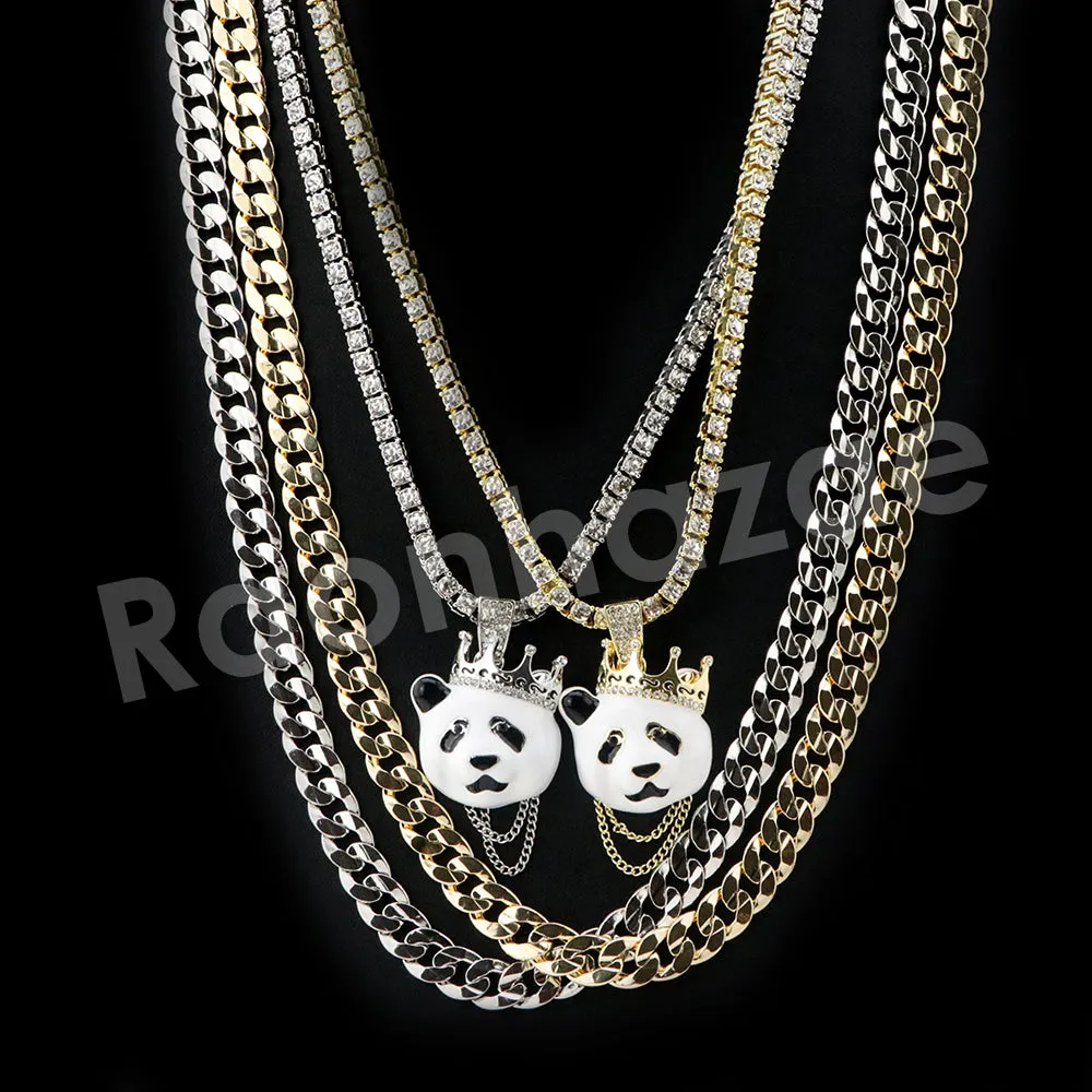 Micro Pave Iconic Cute Panda Pendant w/ 18" Tennis / 30" Cuban Chain