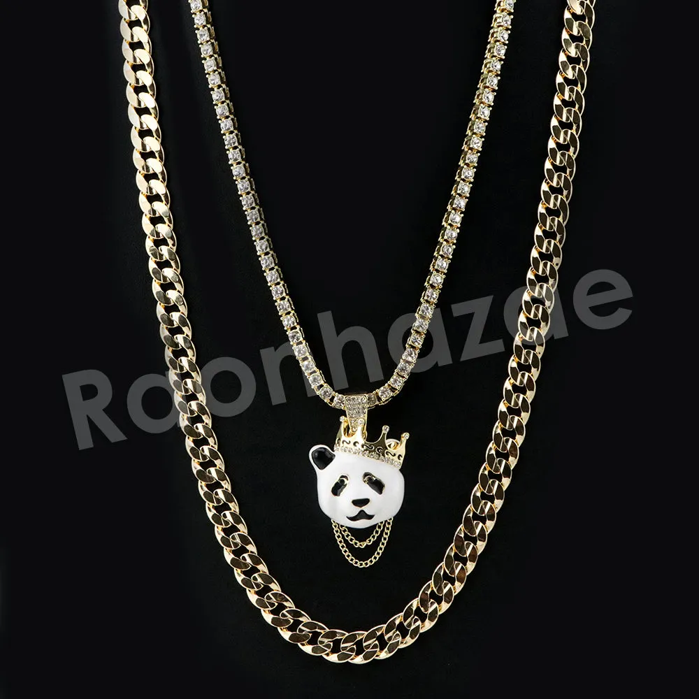 Micro Pave Iconic Cute Panda Pendant w/ 18" Tennis / 30" Cuban Chain
