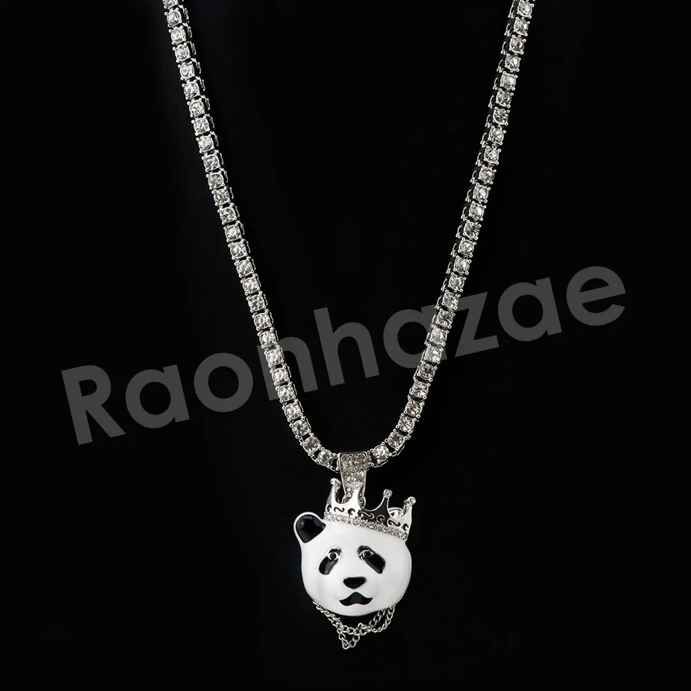 Micro Pave Iconic Cute Panda Pendant w/ 18" Tennis / 30" Cuban Chain