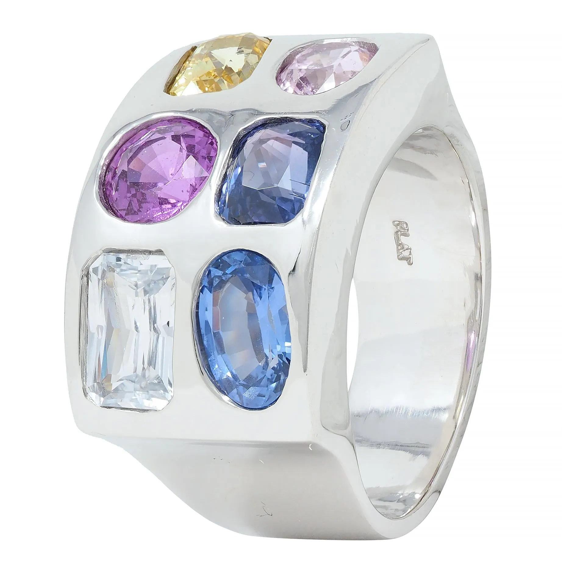 Multi-Colored Blue Pink Yellow Sapphire Platinum Flush Set Statement Ring
