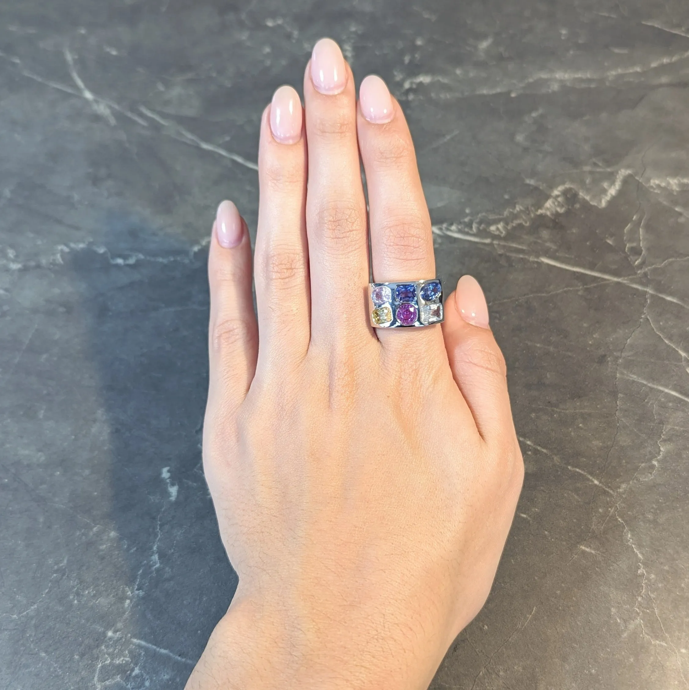 Multi-Colored Blue Pink Yellow Sapphire Platinum Flush Set Statement Ring
