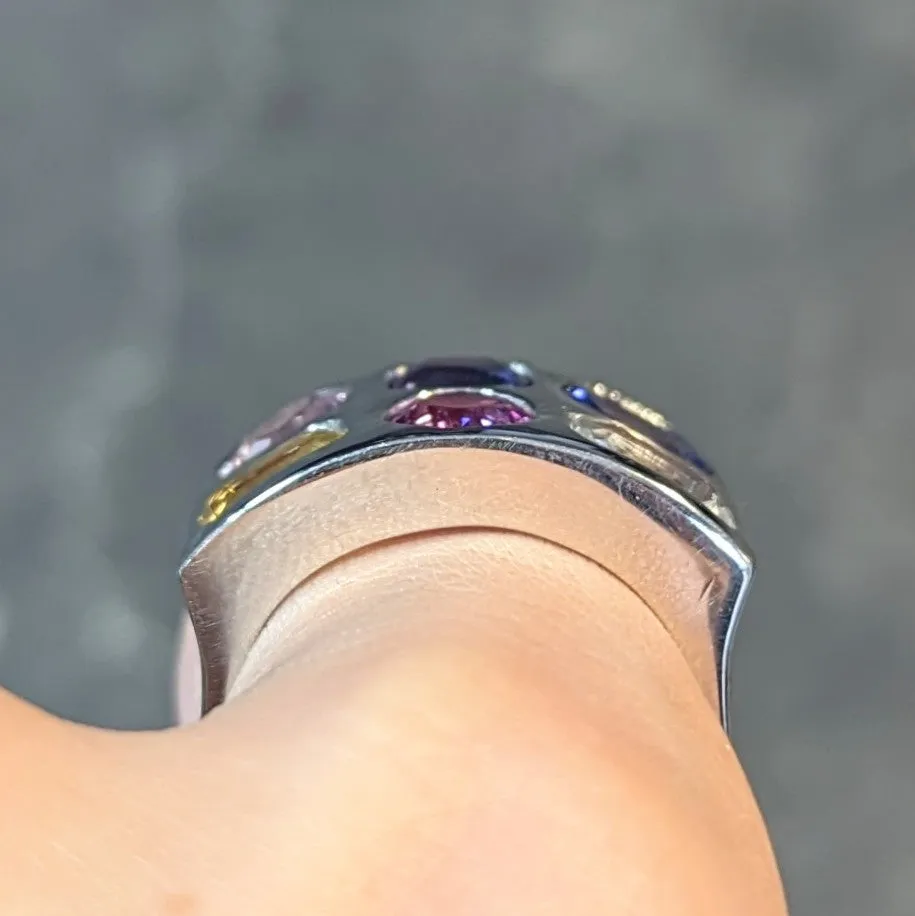 Multi-Colored Blue Pink Yellow Sapphire Platinum Flush Set Statement Ring