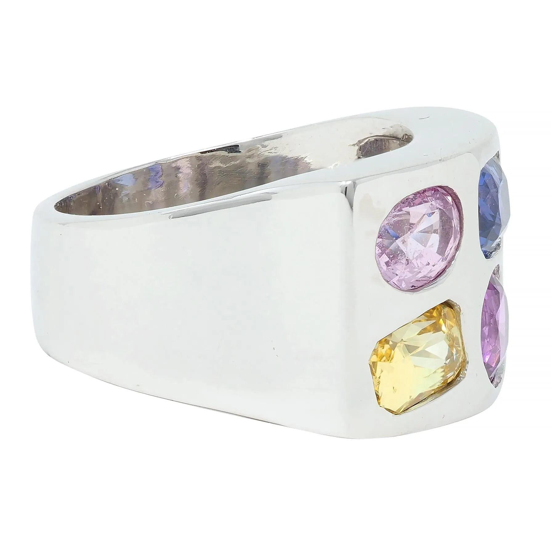 Multi-Colored Blue Pink Yellow Sapphire Platinum Flush Set Statement Ring
