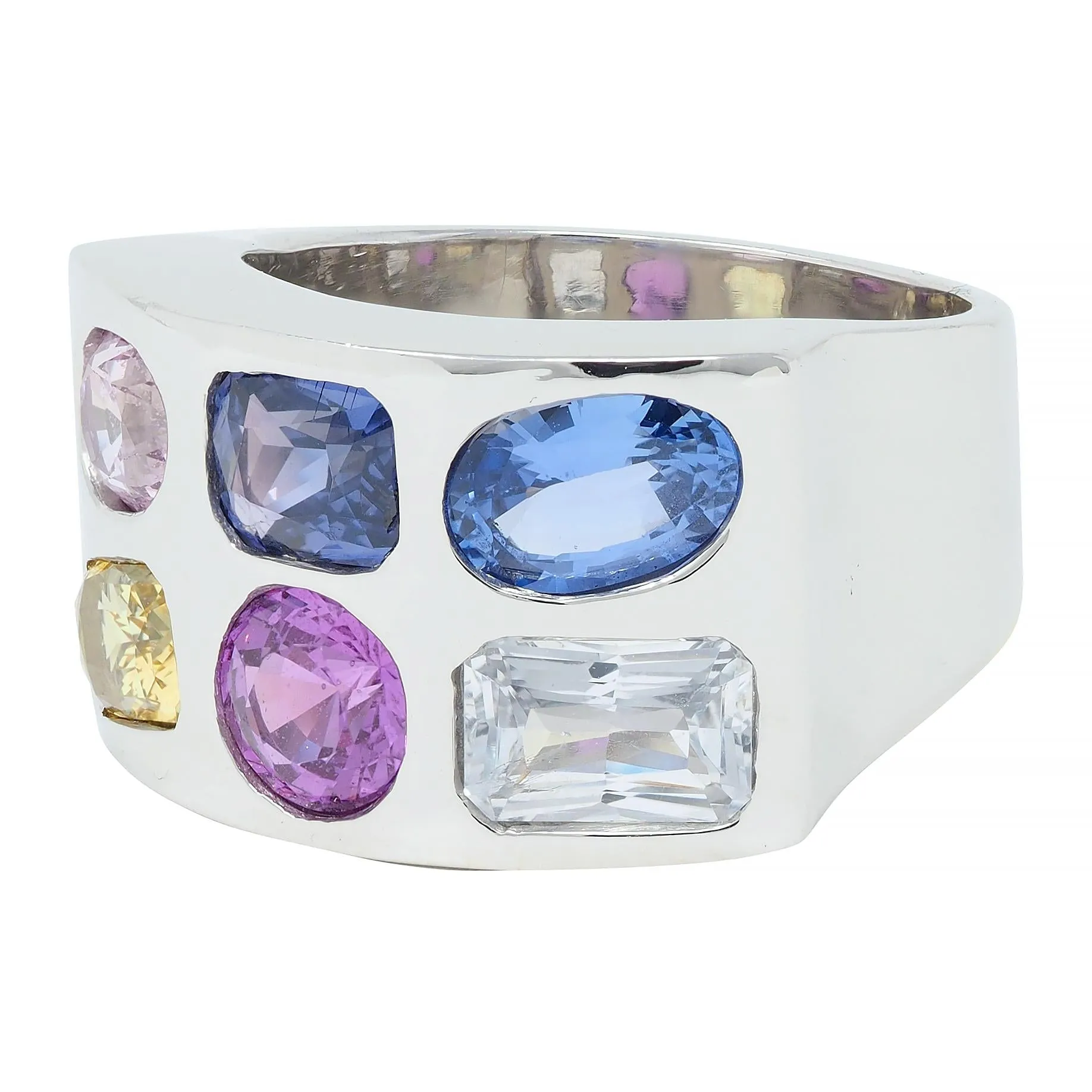 Multi-Colored Blue Pink Yellow Sapphire Platinum Flush Set Statement Ring