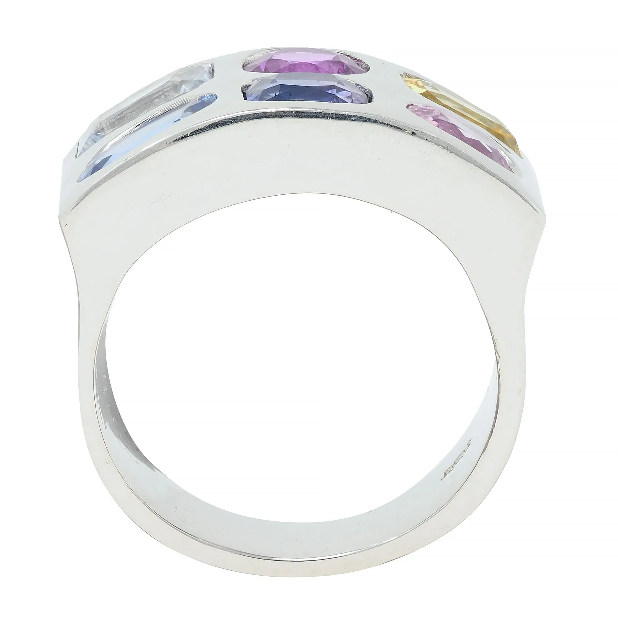 Multi-Colored Blue Pink Yellow Sapphire Platinum Flush Set Statement Ring