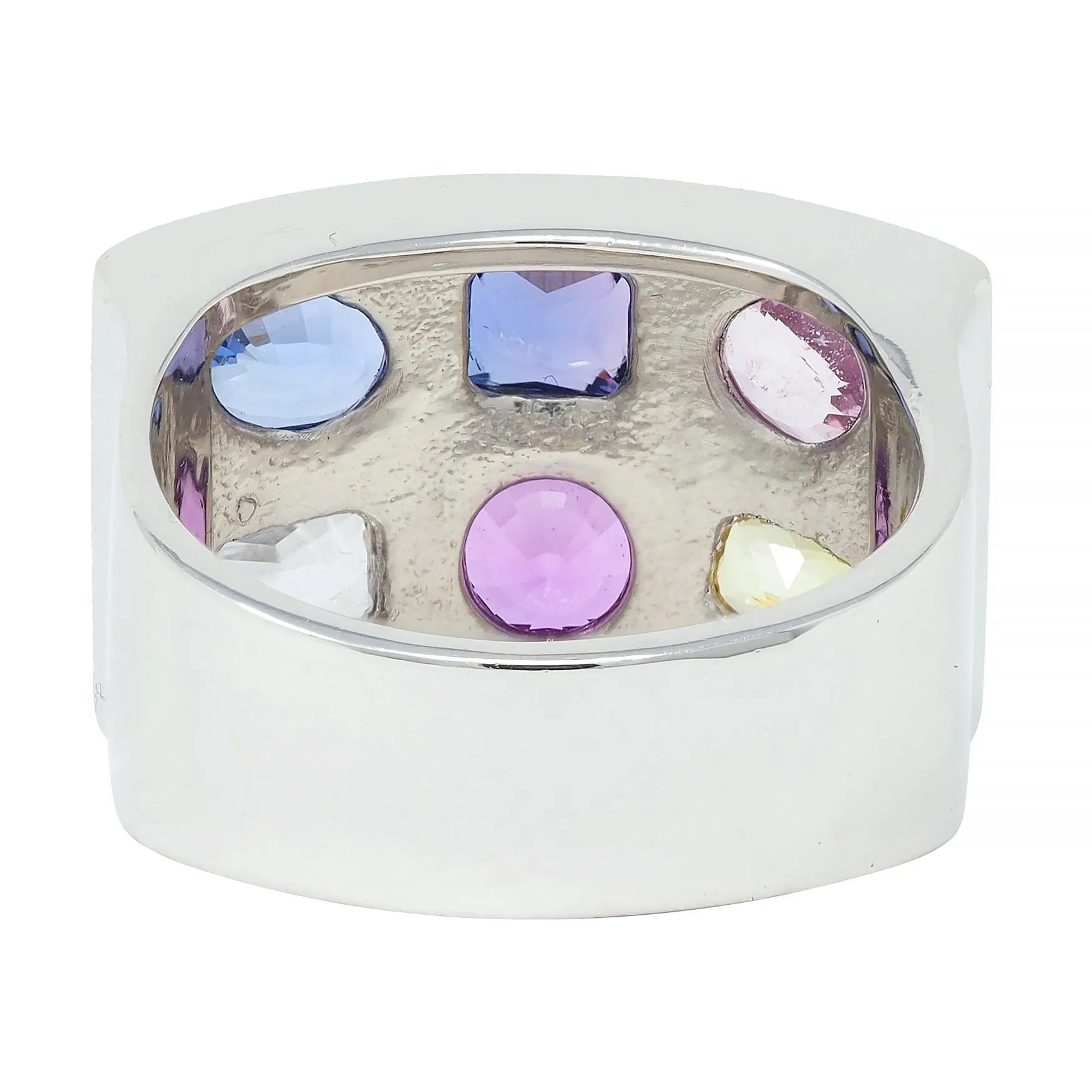 Multi-Colored Blue Pink Yellow Sapphire Platinum Flush Set Statement Ring