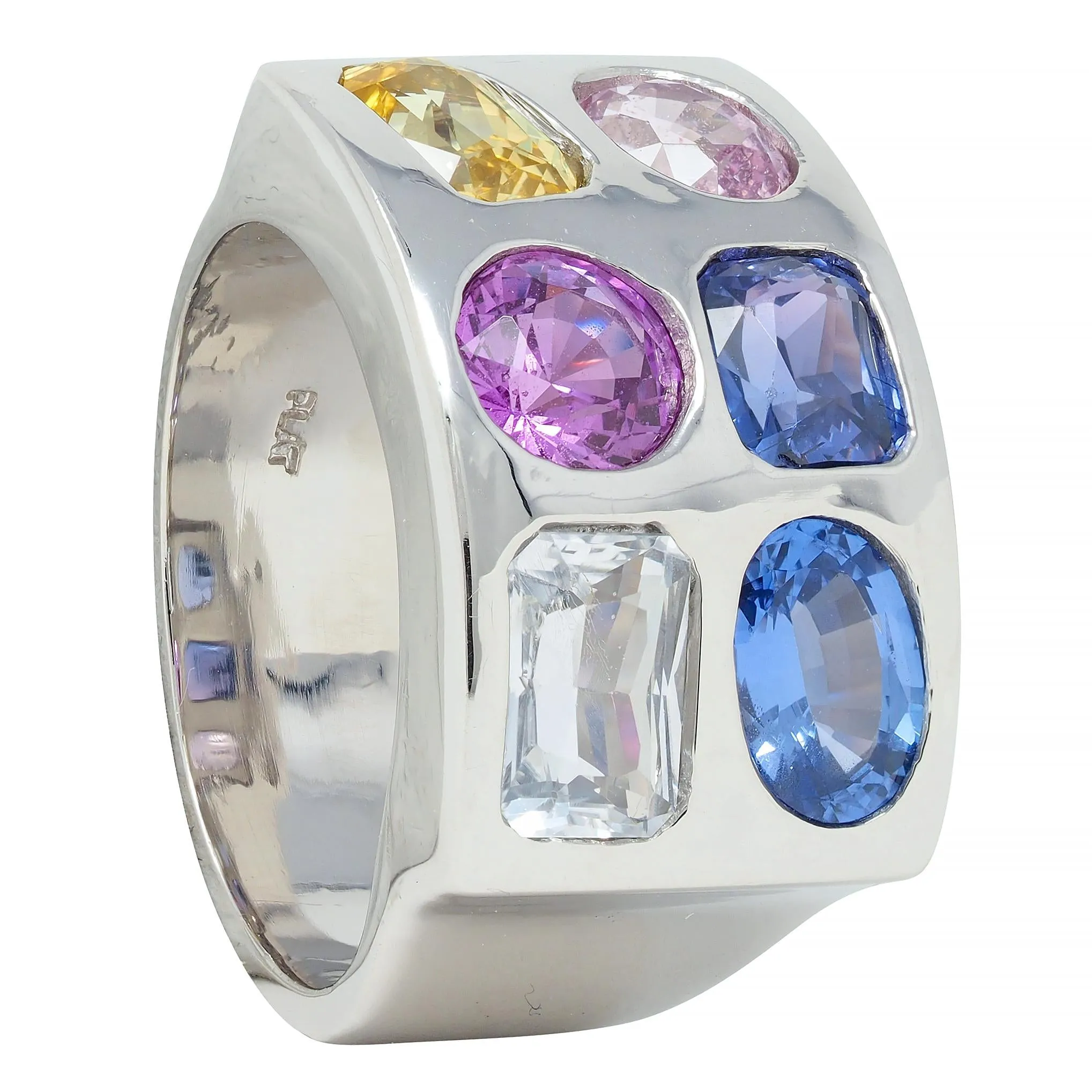 Multi-Colored Blue Pink Yellow Sapphire Platinum Flush Set Statement Ring