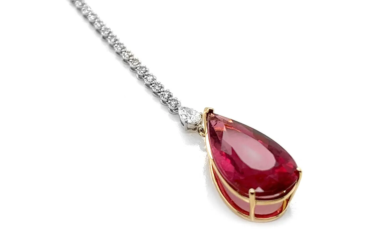 Necklace 14kt Gold Tennis Y Shape Pear Tourmaline and Diamonds