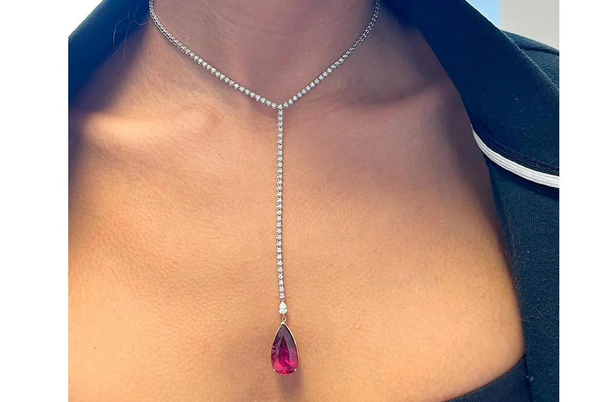 Necklace 14kt Gold Tennis Y Shape Pear Tourmaline and Diamonds