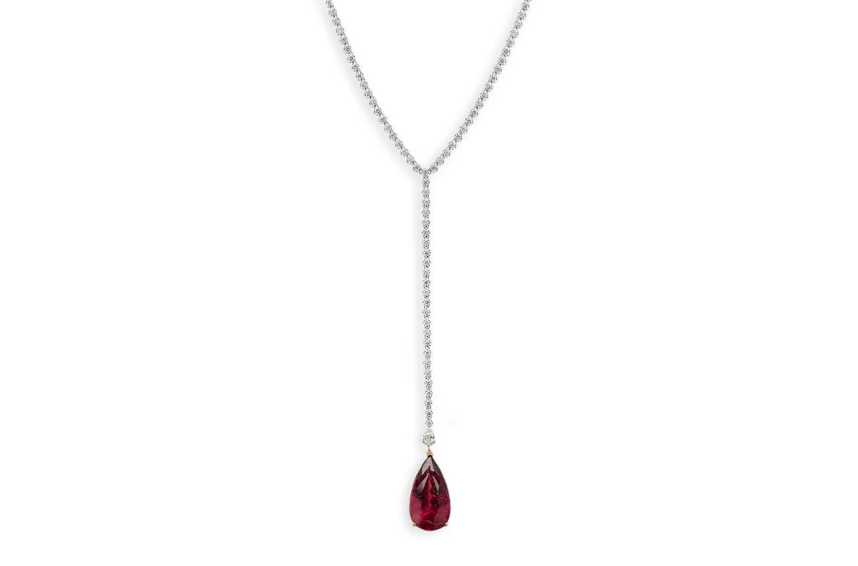 Necklace 14kt Gold Tennis Y Shape Pear Tourmaline and Diamonds