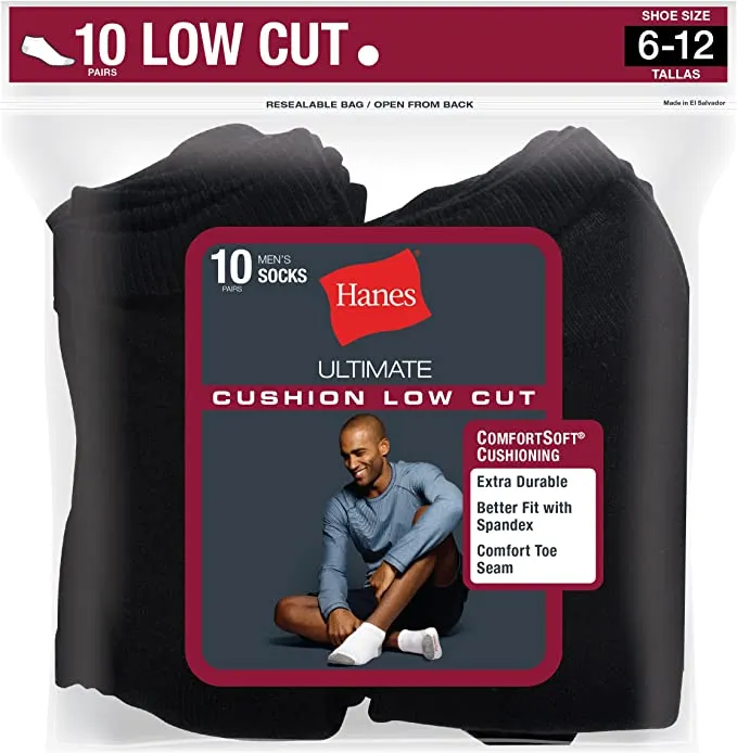New Hanes Men's 10 Pack Ultimate Low-Cut Socks, Black, (Shoe Size 6-12)