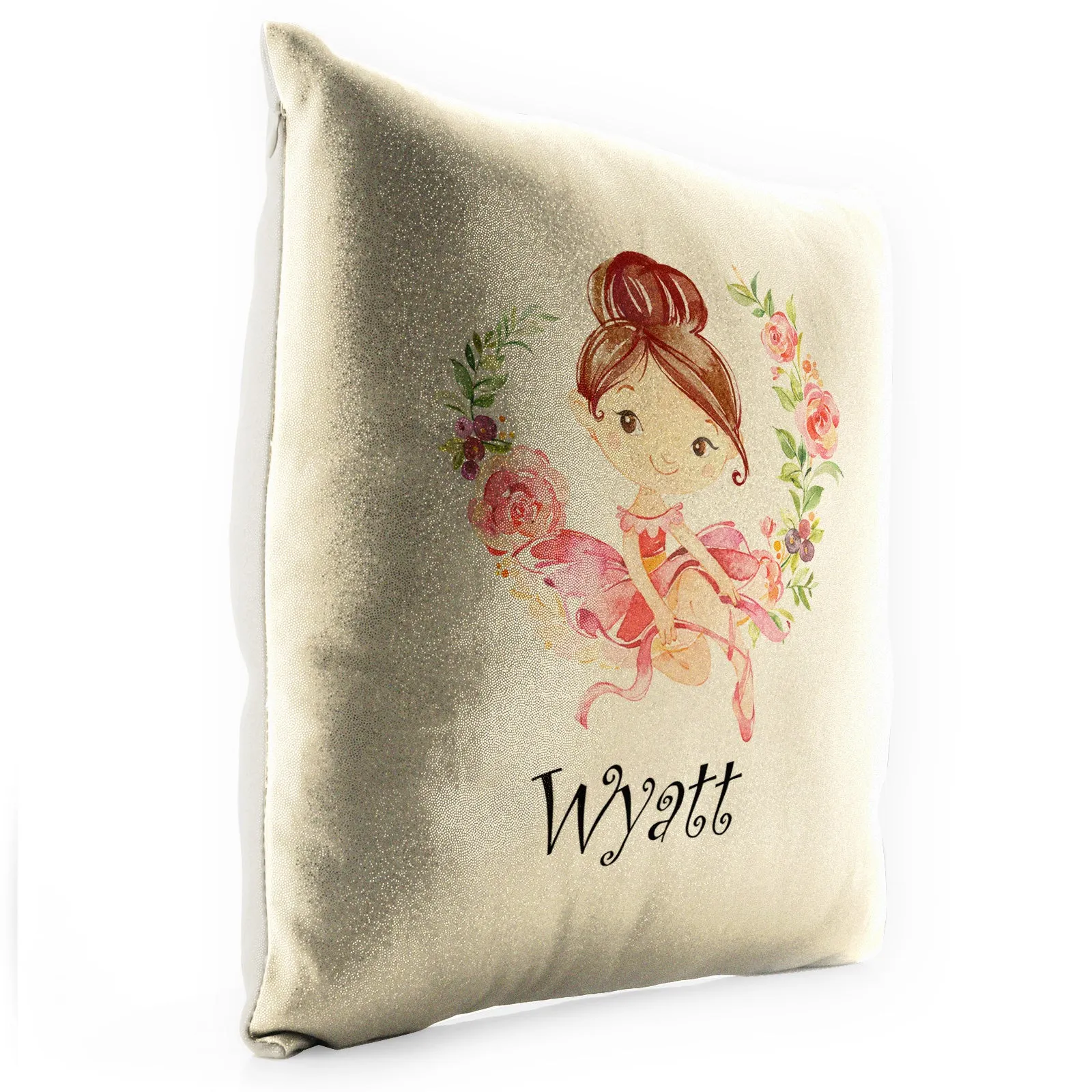 Personalised Glitter Cushion with Cute Text and Flower Wreath Light Brown Hair Ballerina