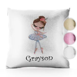 Personalised Glitter Cushion with Cute Text and Light Brown Hair White Dress Ballerina