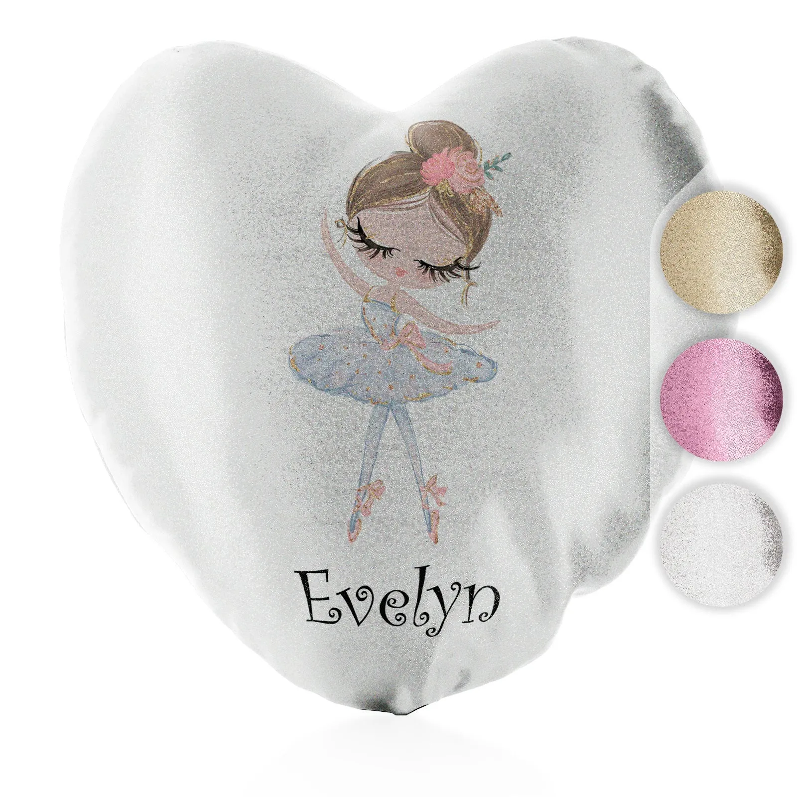 Personalised Glitter Heart Cushion with Cute Text and Light Brown Hair White Dress Ballerina