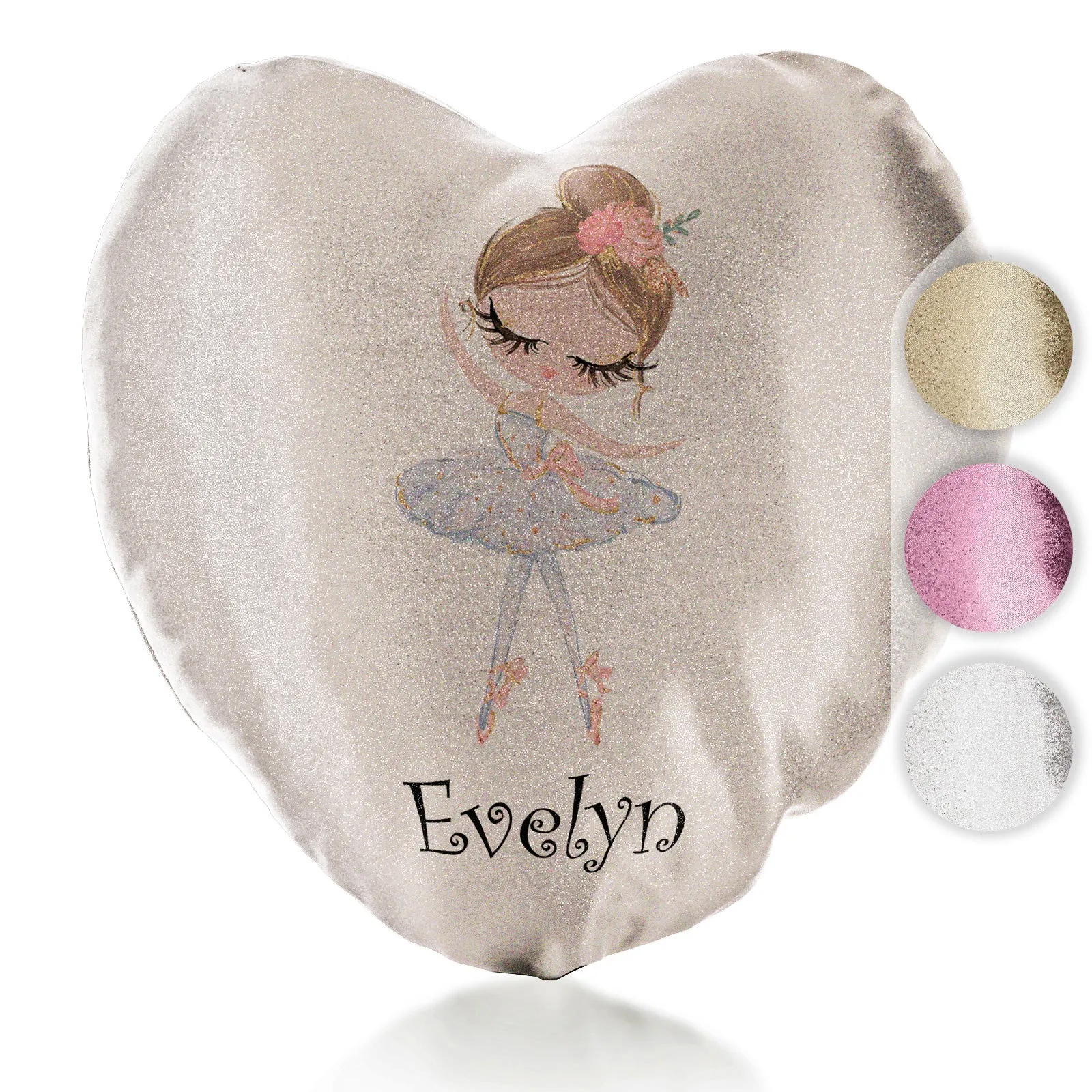 Personalised Glitter Heart Cushion with Cute Text and Light Brown Hair White Dress Ballerina