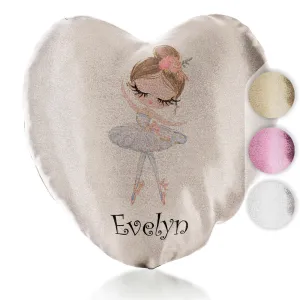 Personalised Glitter Heart Cushion with Cute Text and Light Brown Hair White Dress Ballerina