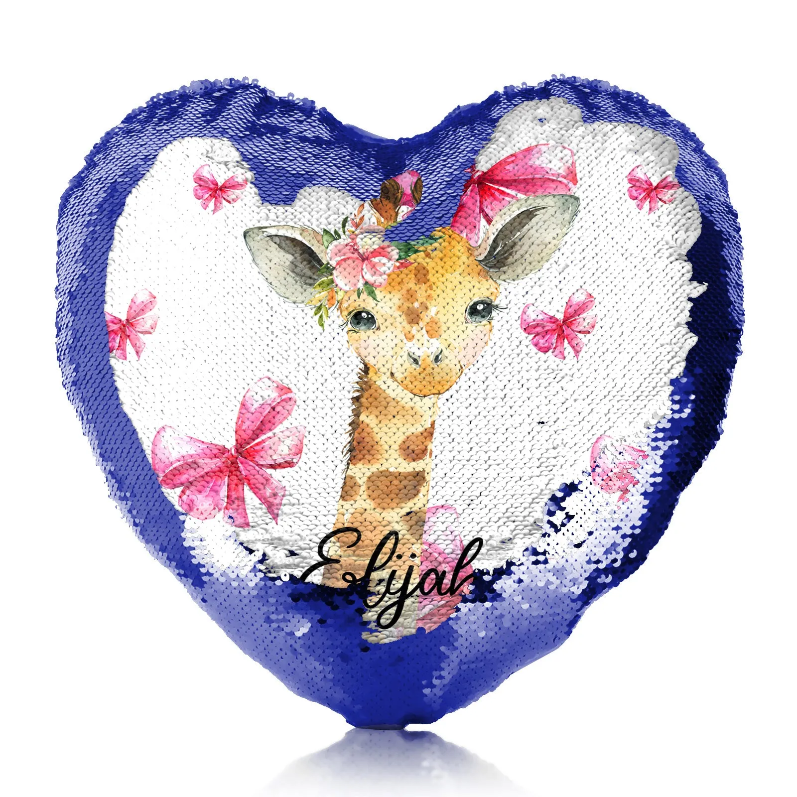 Personalised Sequin Heart Cushion with Giraffe Pink Bows and Cute Text