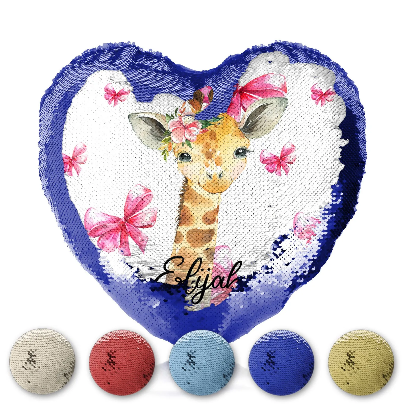 Personalised Sequin Heart Cushion with Giraffe Pink Bows and Cute Text