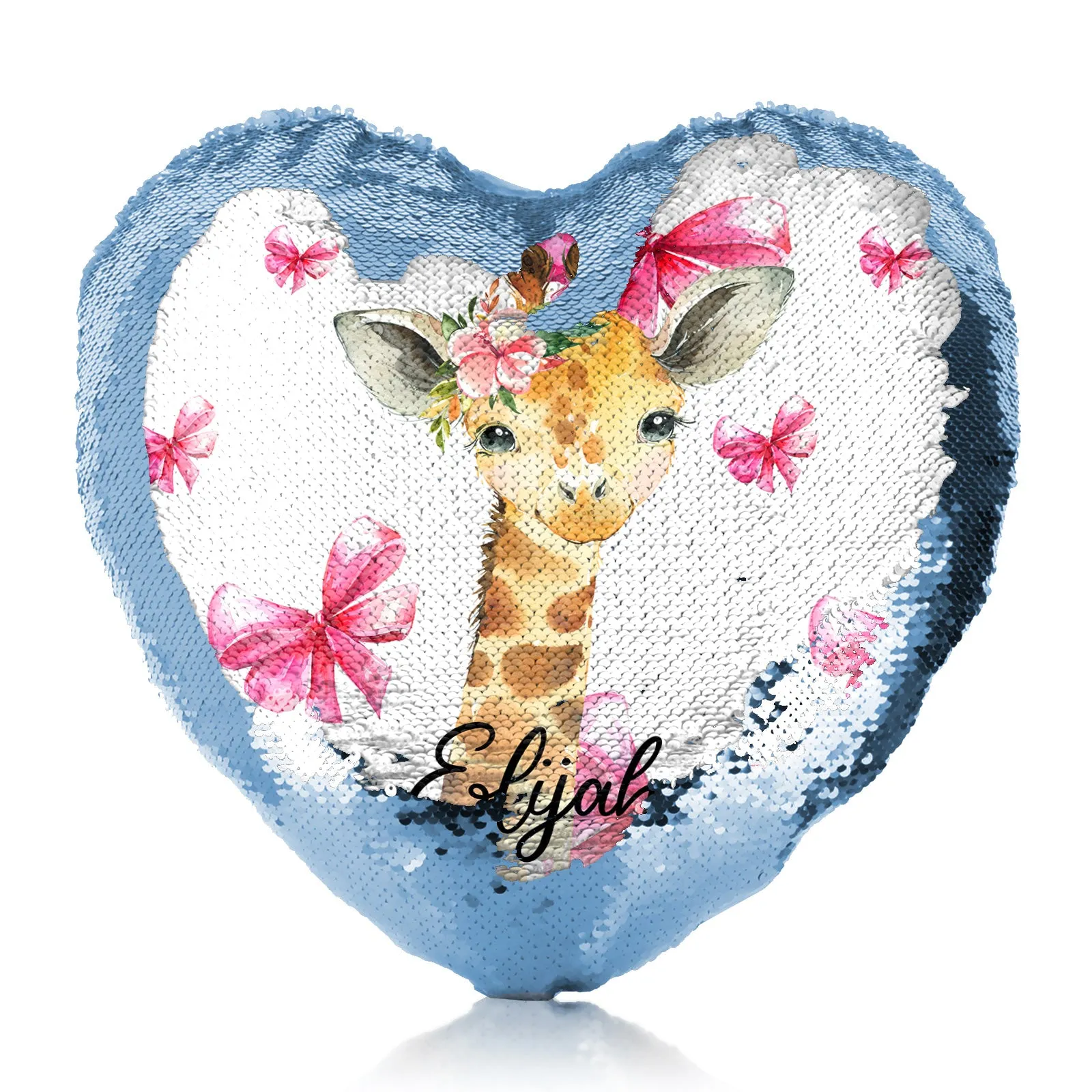Personalised Sequin Heart Cushion with Giraffe Pink Bows and Cute Text