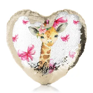 Personalised Sequin Heart Cushion with Giraffe Pink Bows and Cute Text