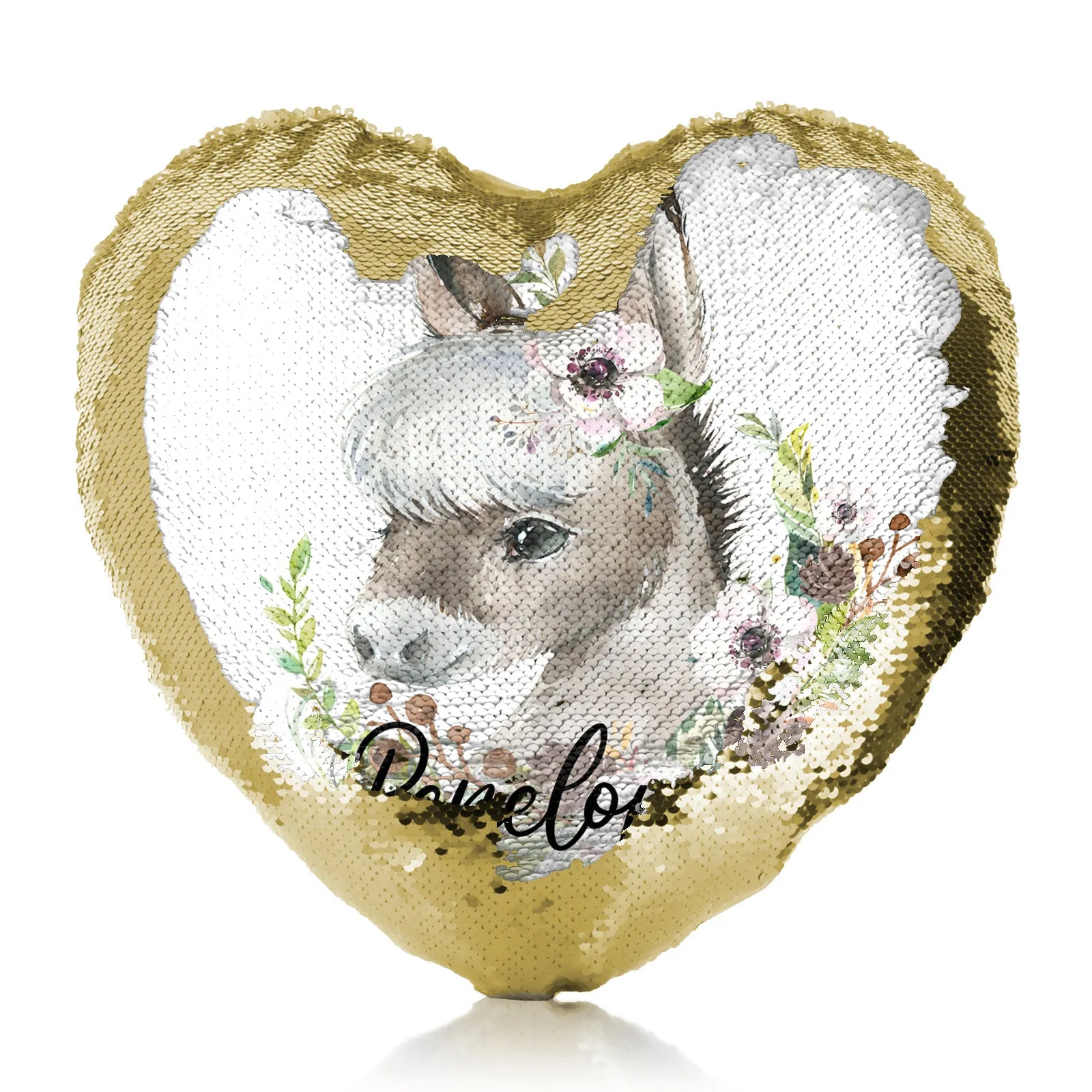 Personalised Sequin Heart Cushion with Grey Donkey Pink and White Flowers and Cute Text