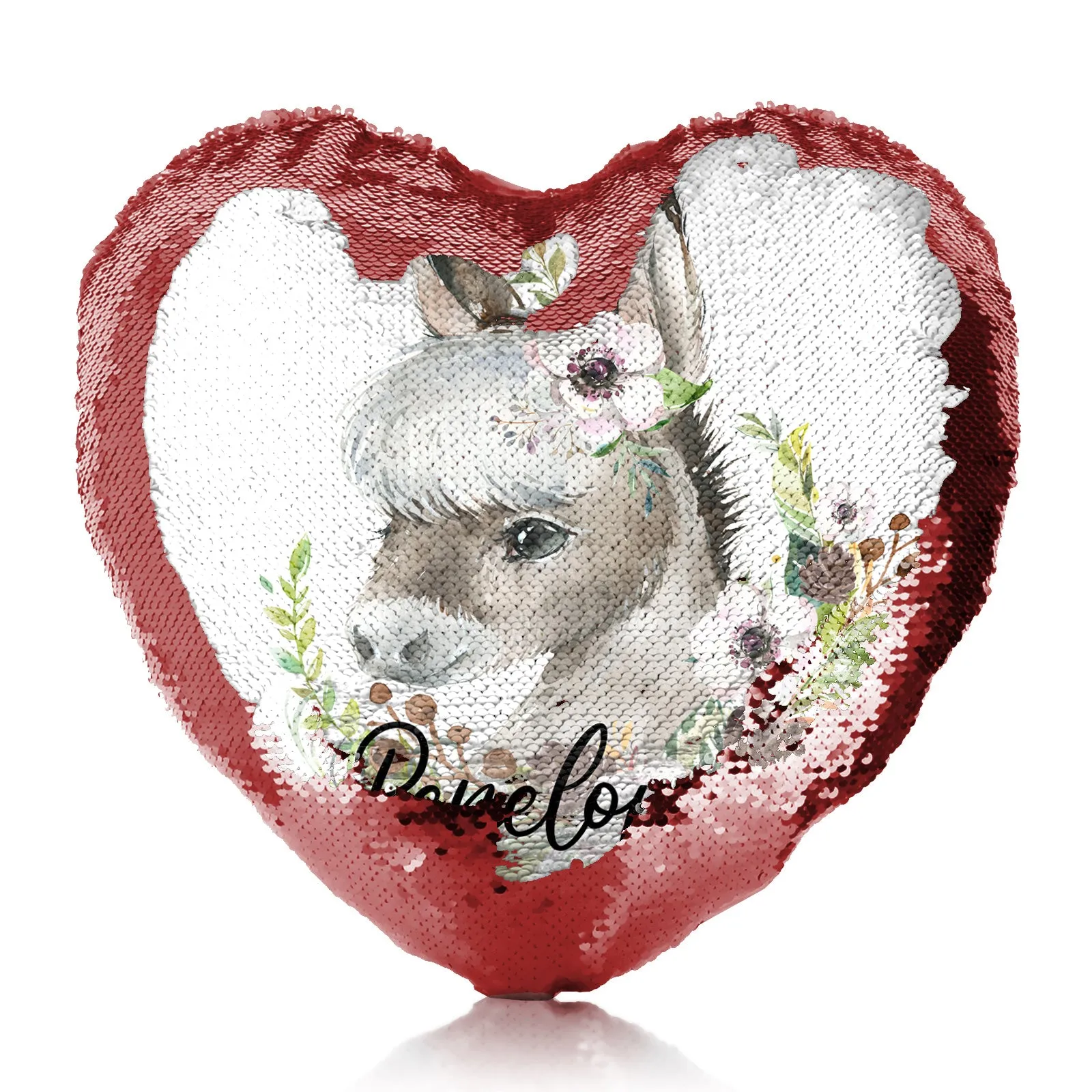 Personalised Sequin Heart Cushion with Grey Donkey Pink and White Flowers and Cute Text