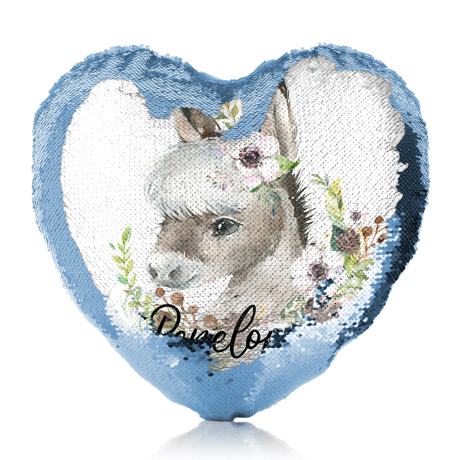 Personalised Sequin Heart Cushion with Grey Donkey Pink and White Flowers and Cute Text