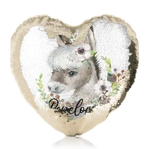 Personalised Sequin Heart Cushion with Grey Donkey Pink and White Flowers and Cute Text