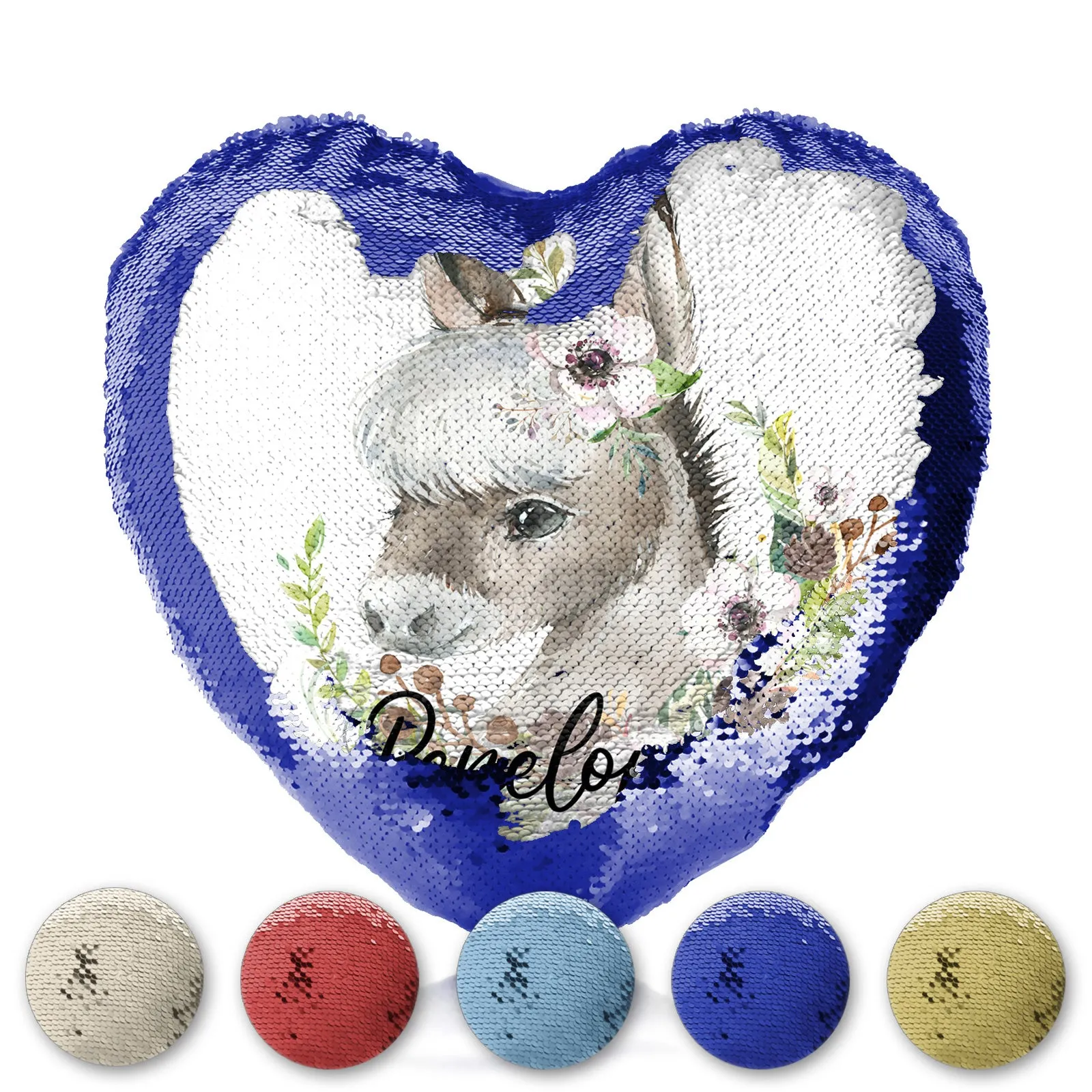 Personalised Sequin Heart Cushion with Grey Donkey Pink and White Flowers and Cute Text