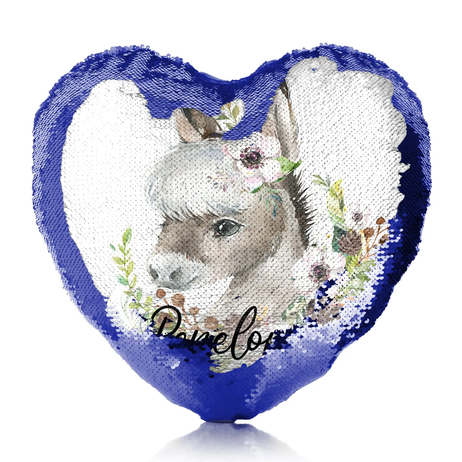 Personalised Sequin Heart Cushion with Grey Donkey Pink and White Flowers and Cute Text