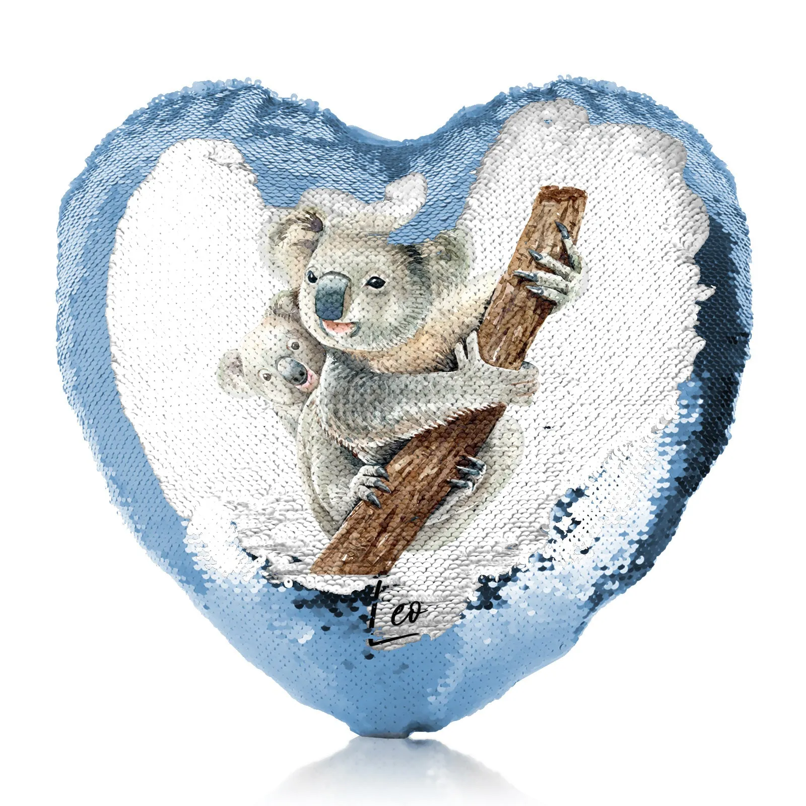 Personalised Sequin Heart Cushion with Welcoming Text and Climbing Mum and Baby Koalas