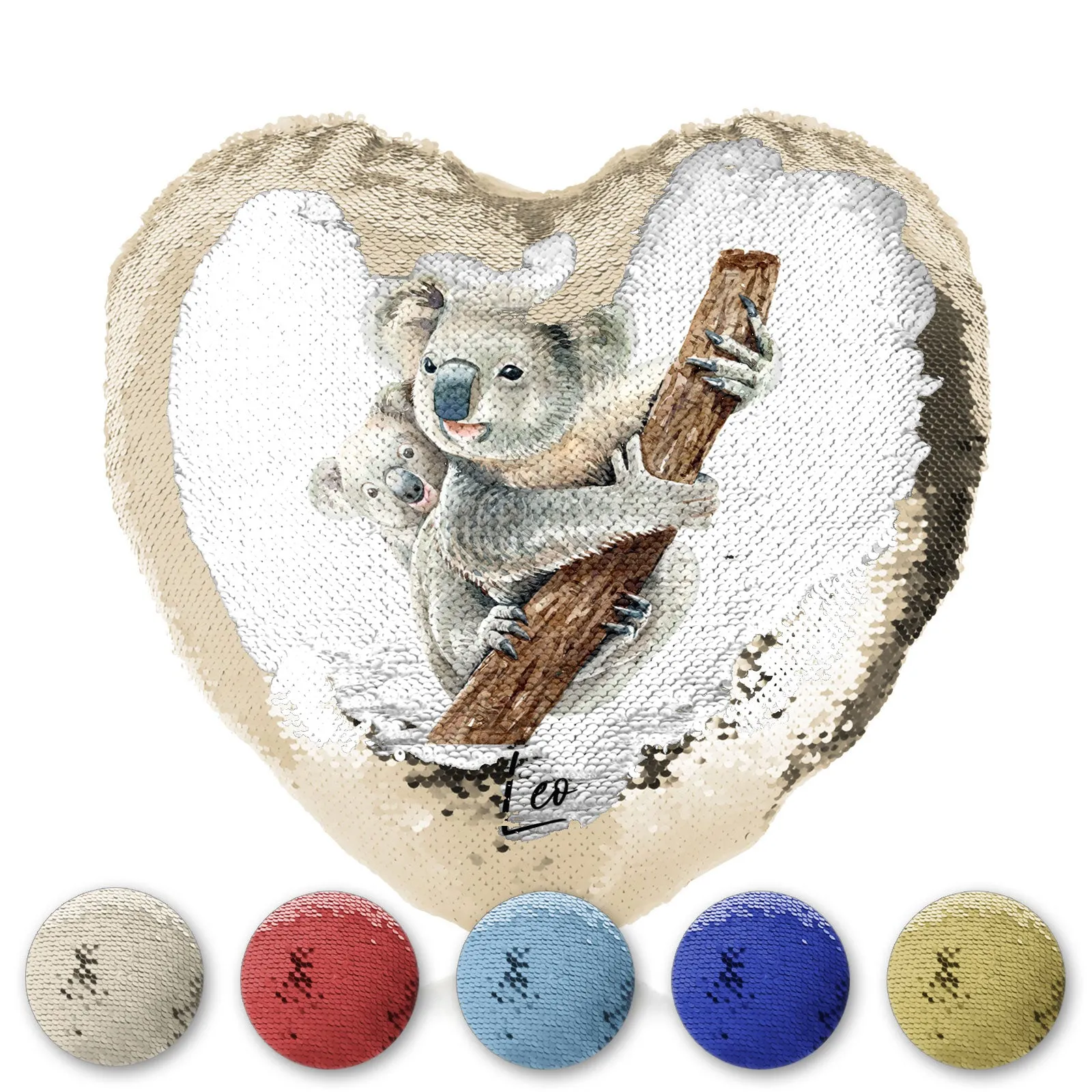 Personalised Sequin Heart Cushion with Welcoming Text and Climbing Mum and Baby Koalas