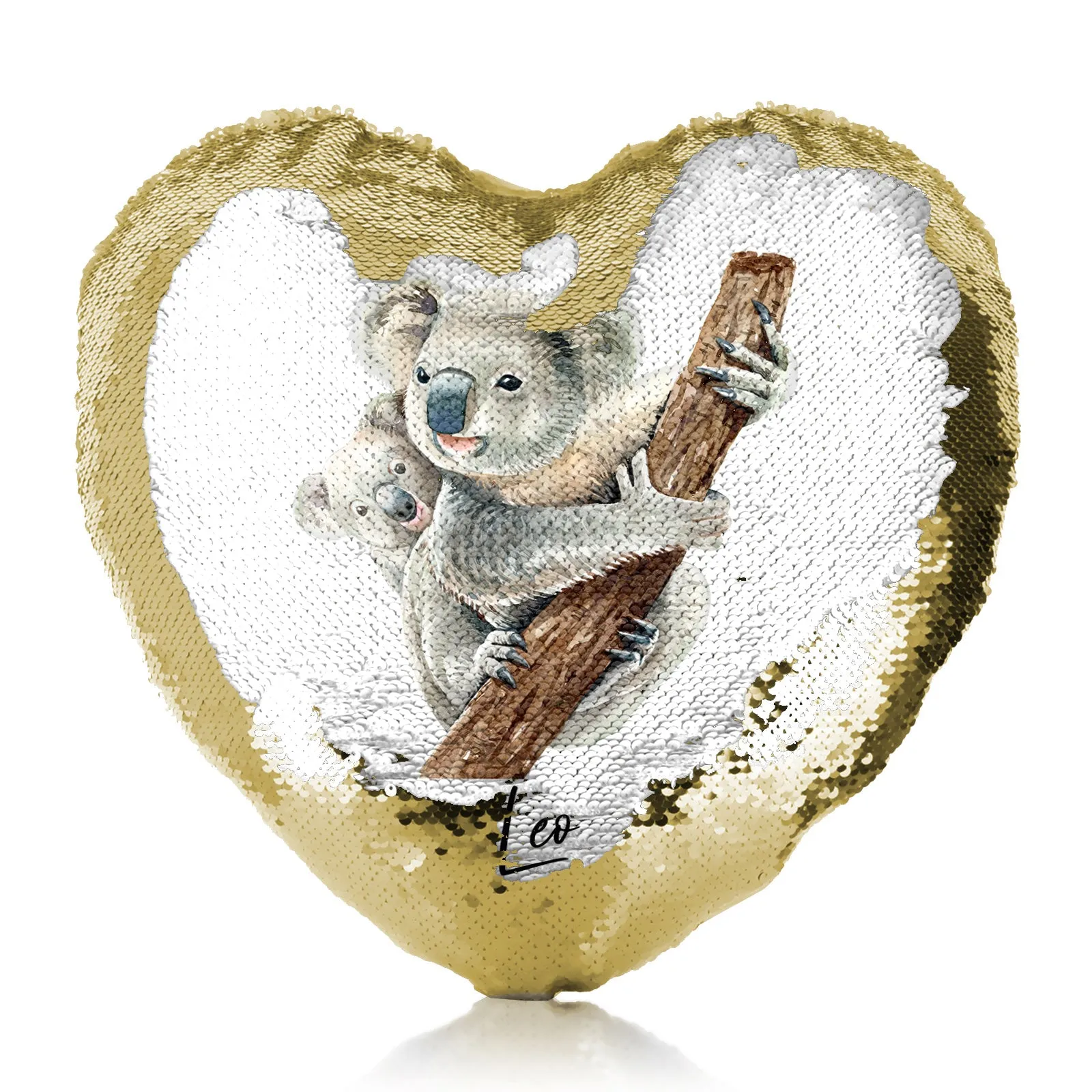 Personalised Sequin Heart Cushion with Welcoming Text and Climbing Mum and Baby Koalas