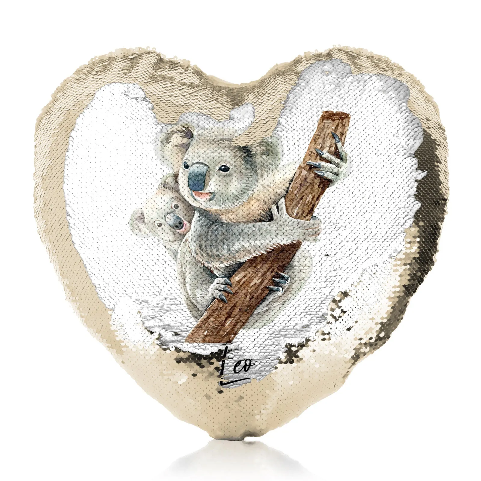 Personalised Sequin Heart Cushion with Welcoming Text and Climbing Mum and Baby Koalas