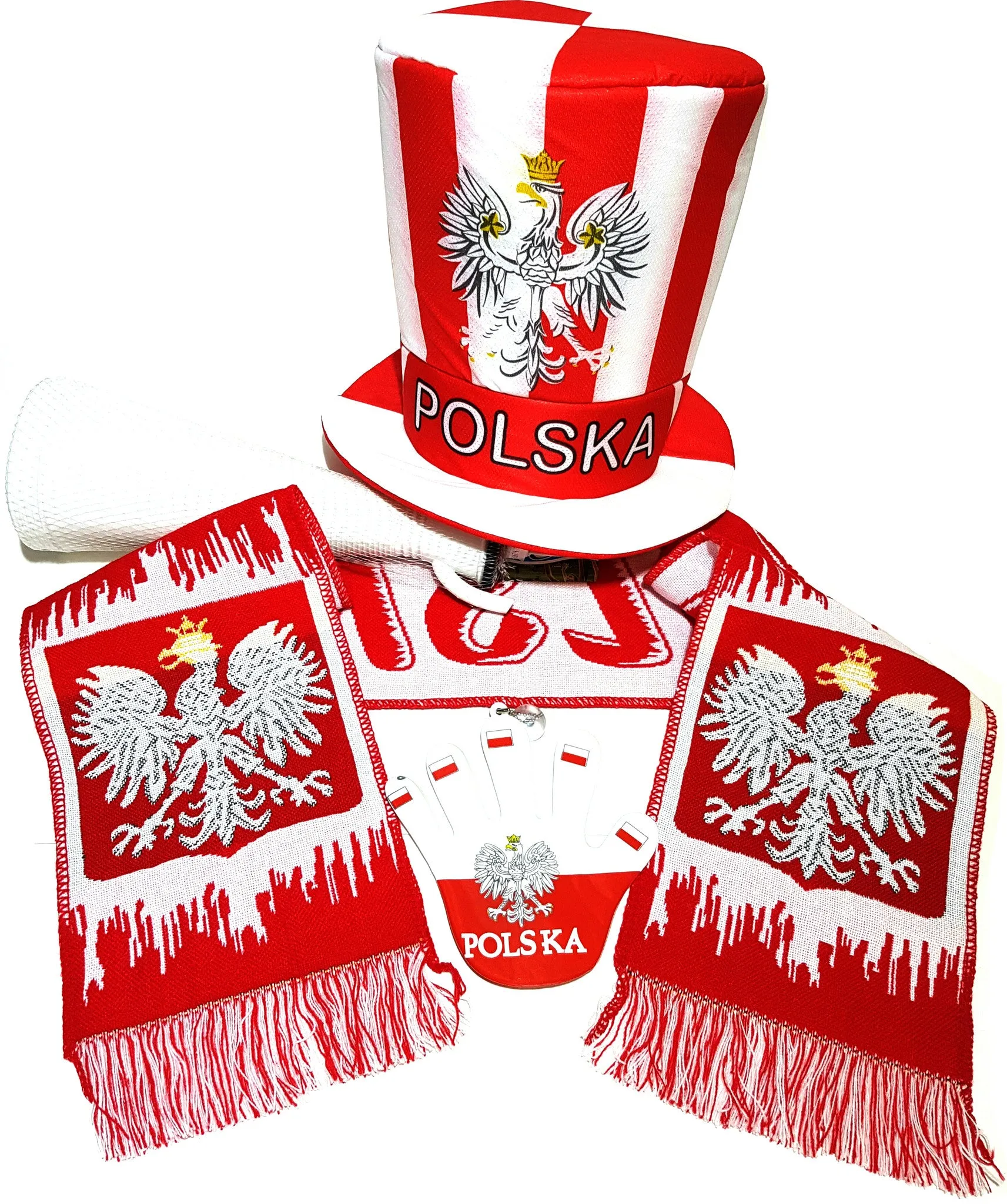 Poland Soccer Fan Accessory Set: Scarf, Hat, Trumpet, Hand