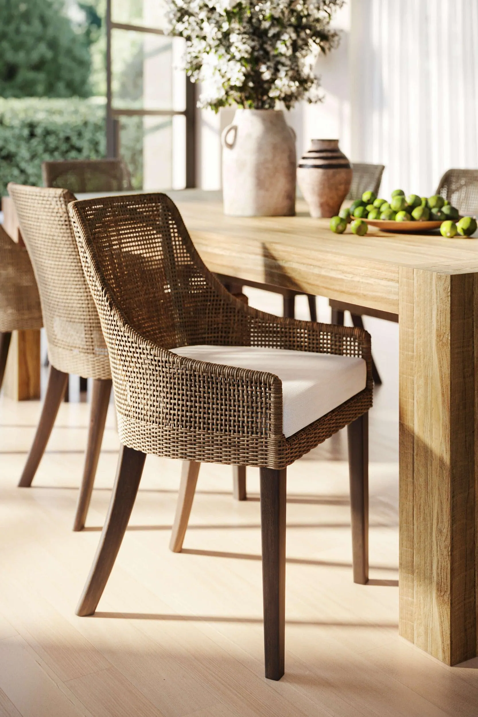 Savanah Dining Chair in Light Glazed Rattan w/ Arctic White Performance Fabric Cushion