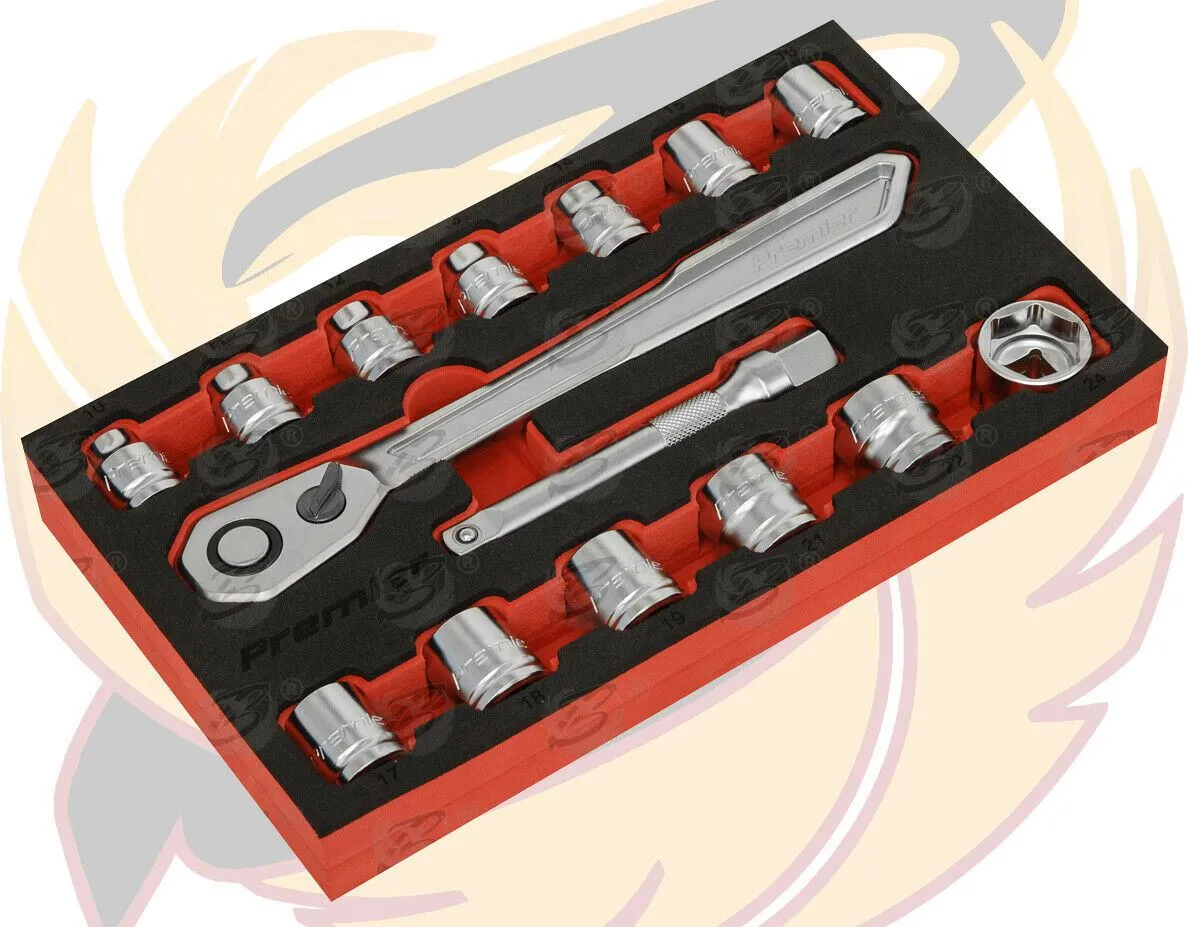 SEALEY 15PCS 1/2" DRIVE 6 POINT 90 TOOTH LOW PROFILE SOCKET SET 10MM - 24MM