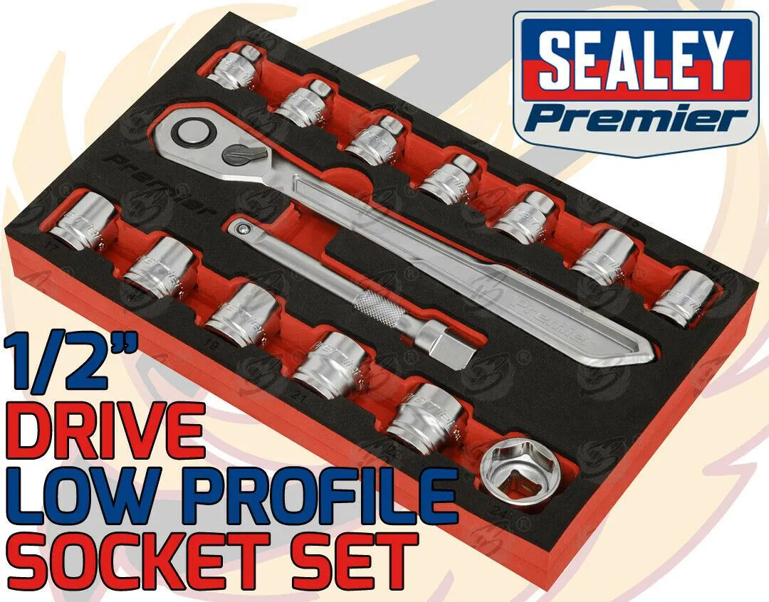 SEALEY 15PCS 1/2" DRIVE 6 POINT 90 TOOTH LOW PROFILE SOCKET SET 10MM - 24MM