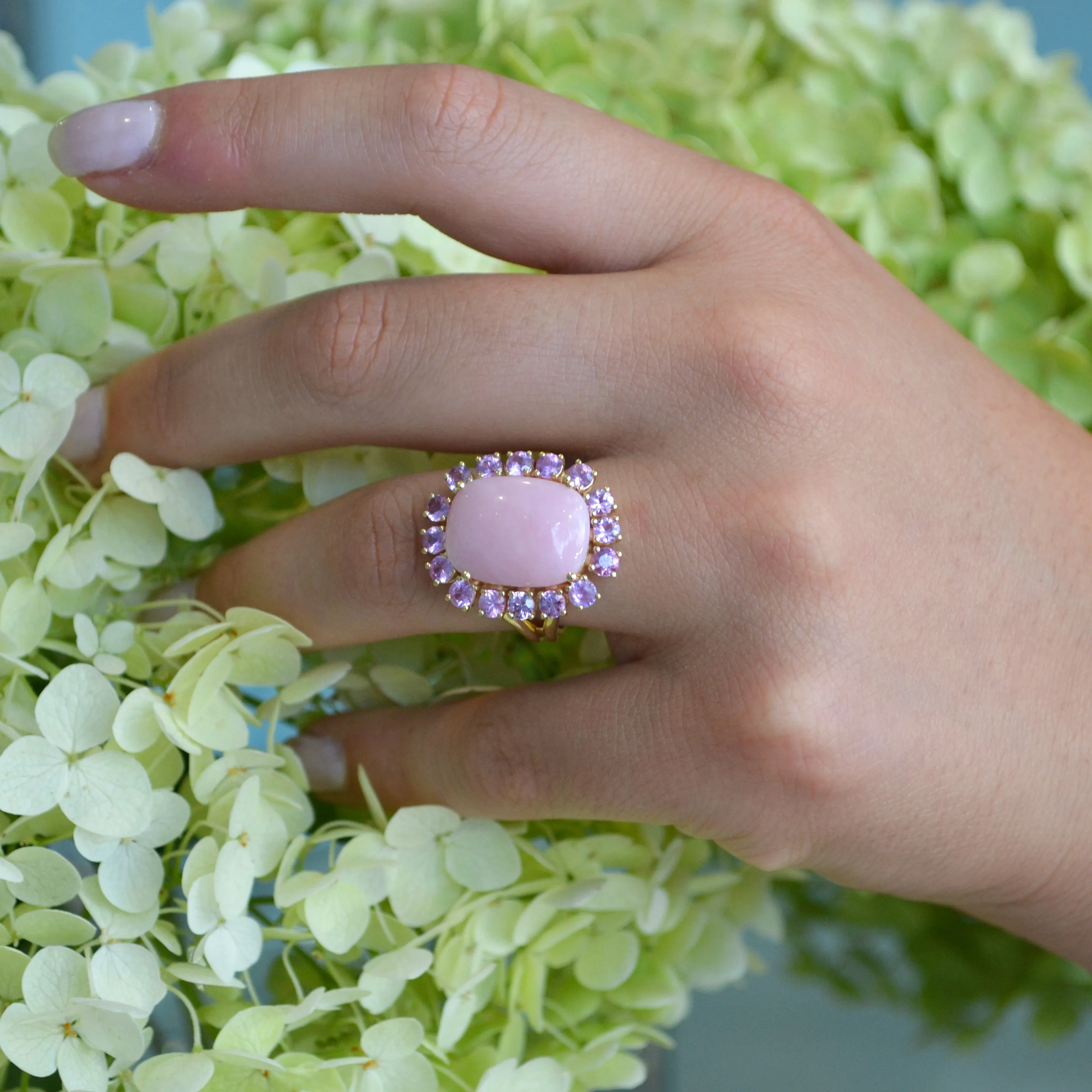 Sole - Ring with Pink Opal and Light Pink Sapphires, 18k Yellow Gold