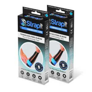 Strapit TENNIS/GOLFERS ELBOW Precut Kinesiology Tape Box of 5 - 2 PACK MULTIBUY (BLACK/BLUE COLOUR)