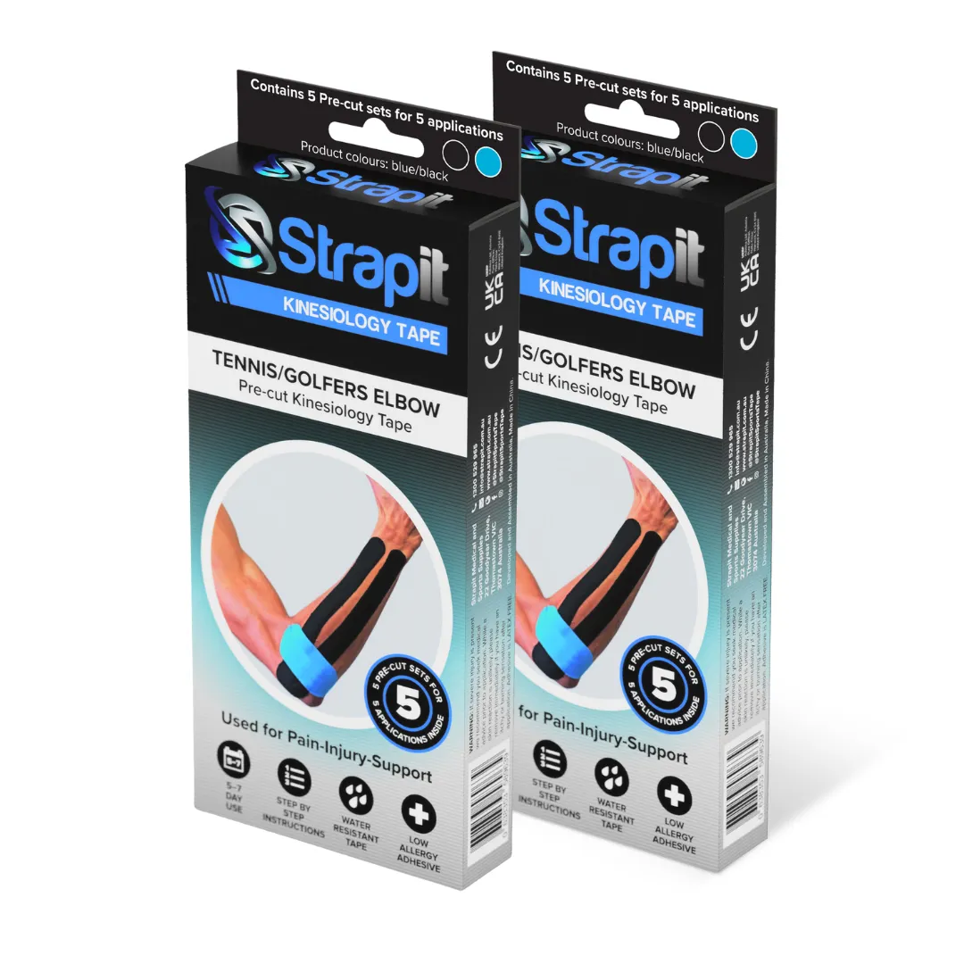 Strapit TENNIS/GOLFERS ELBOW Precut Kinesiology Tape Box of 5 - 2 PACK MULTIBUY (BLACK/BLUE COLOUR)
