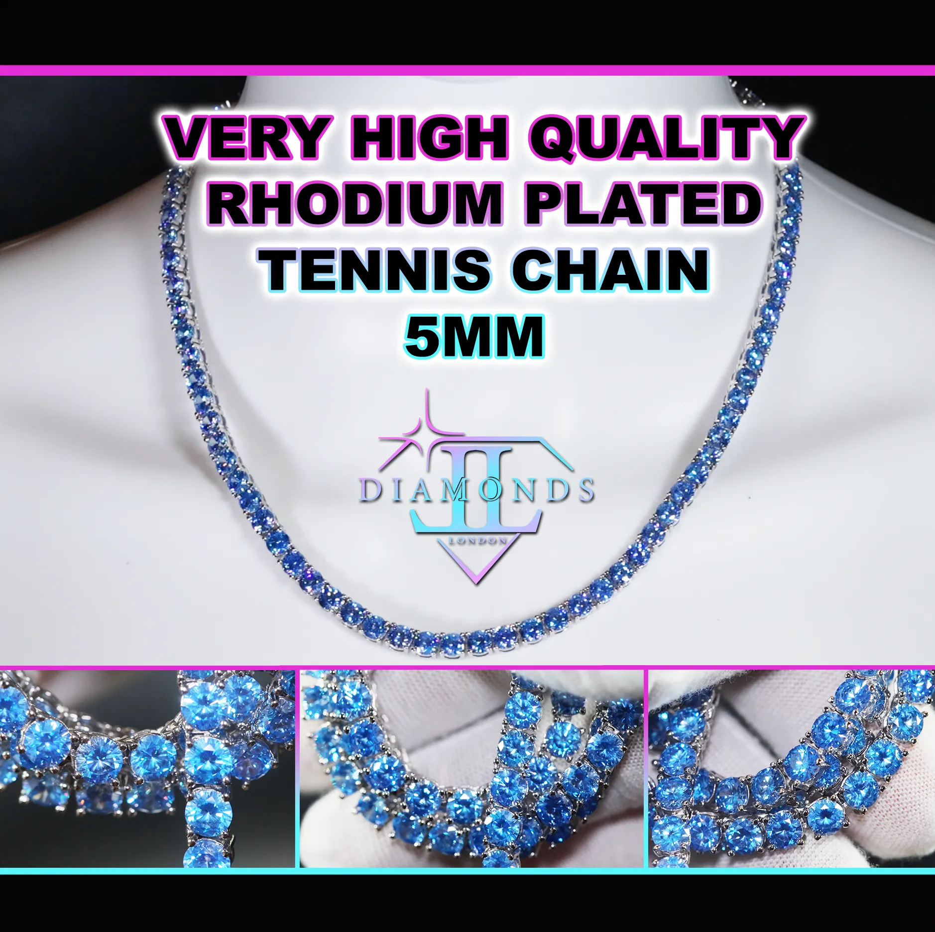 Tennis Chain | Blue Diamond Tennis Chain | Tennis Necklace | Aquamarine Tennis Chain | Iced Chain  | Diamond Tennis Chain | Hip Hop Chain