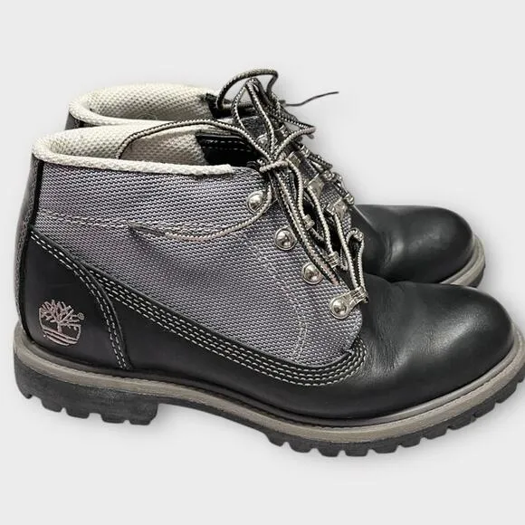 TIMBERLAND Mens Panel Black Leather Waterproof Lace Up Camp Boot Shoes Size 6.5