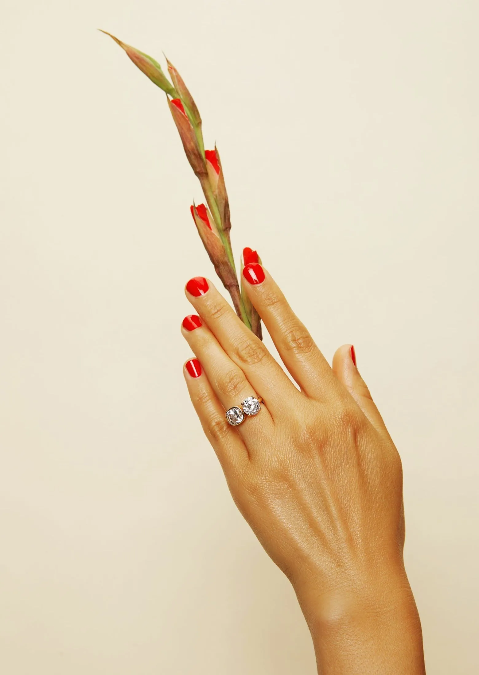 Two Stone Engagement Ring with Round and Cushion Cut Diamonds