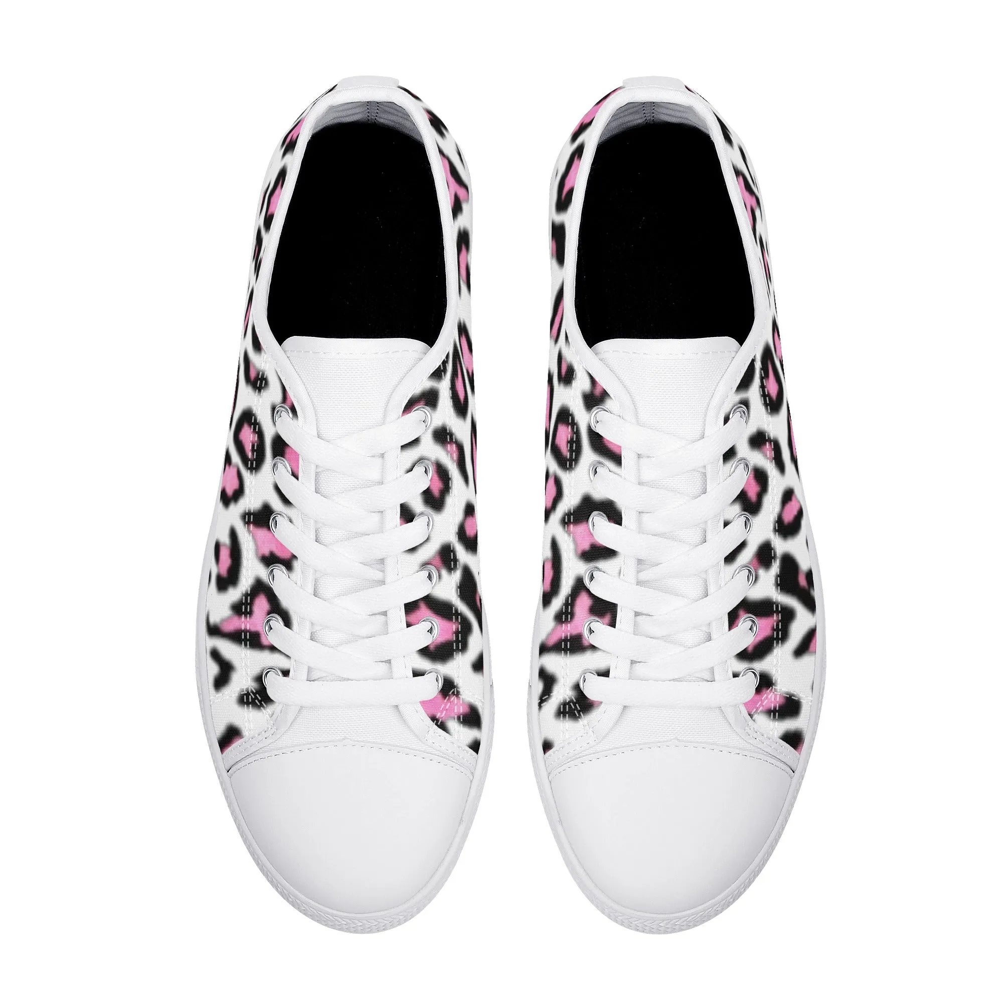 Women's White & Pink/Black Leopard Print Low Top Canvas Shoes