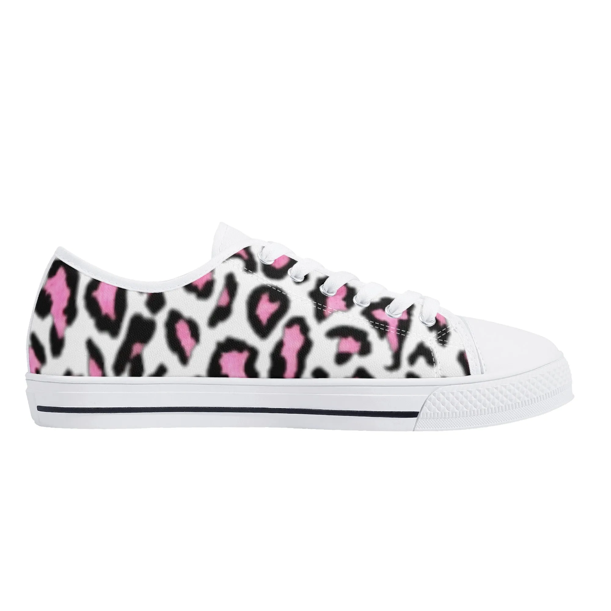 Women's White & Pink/Black Leopard Print Low Top Canvas Shoes