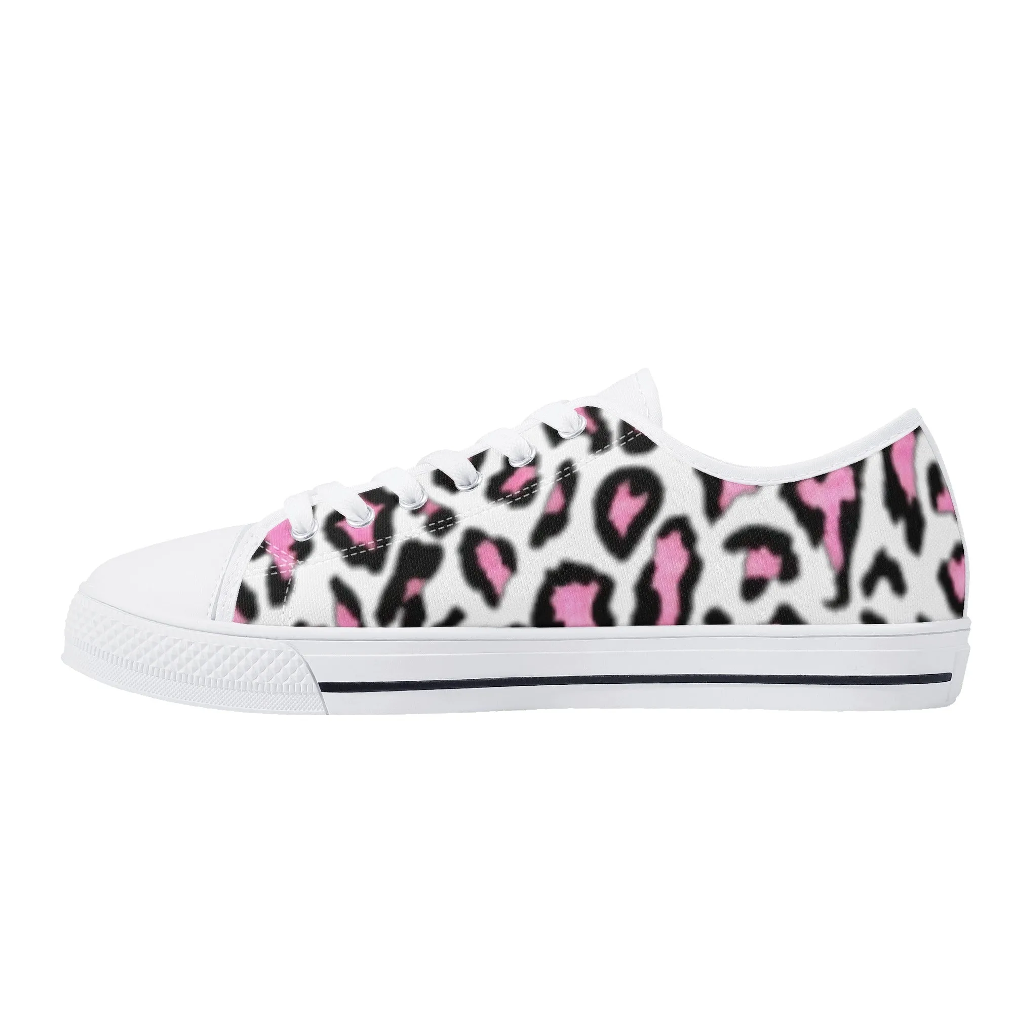 Women's White & Pink/Black Leopard Print Low Top Canvas Shoes