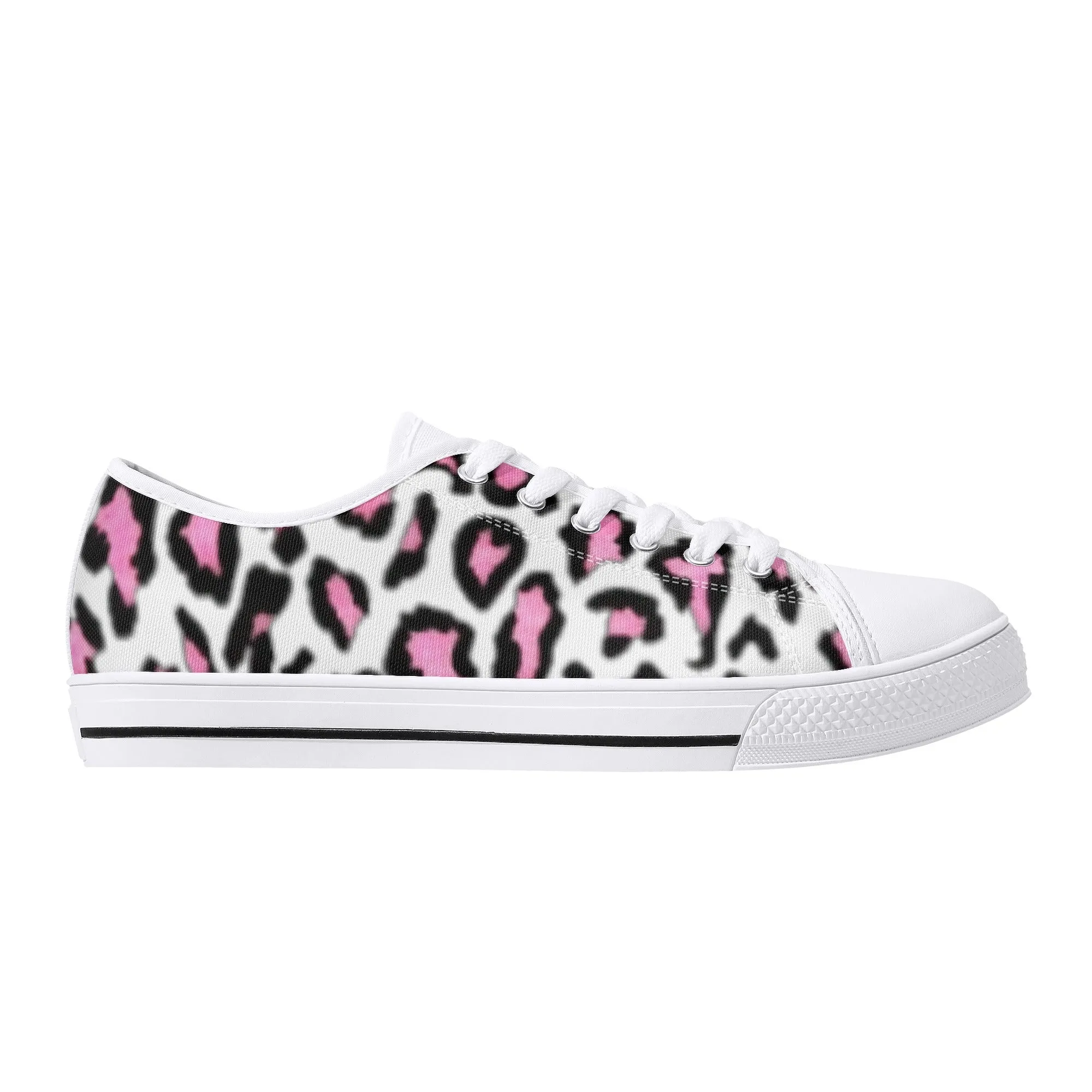 Women's White & Pink/Black Leopard Print Low Top Canvas Shoes