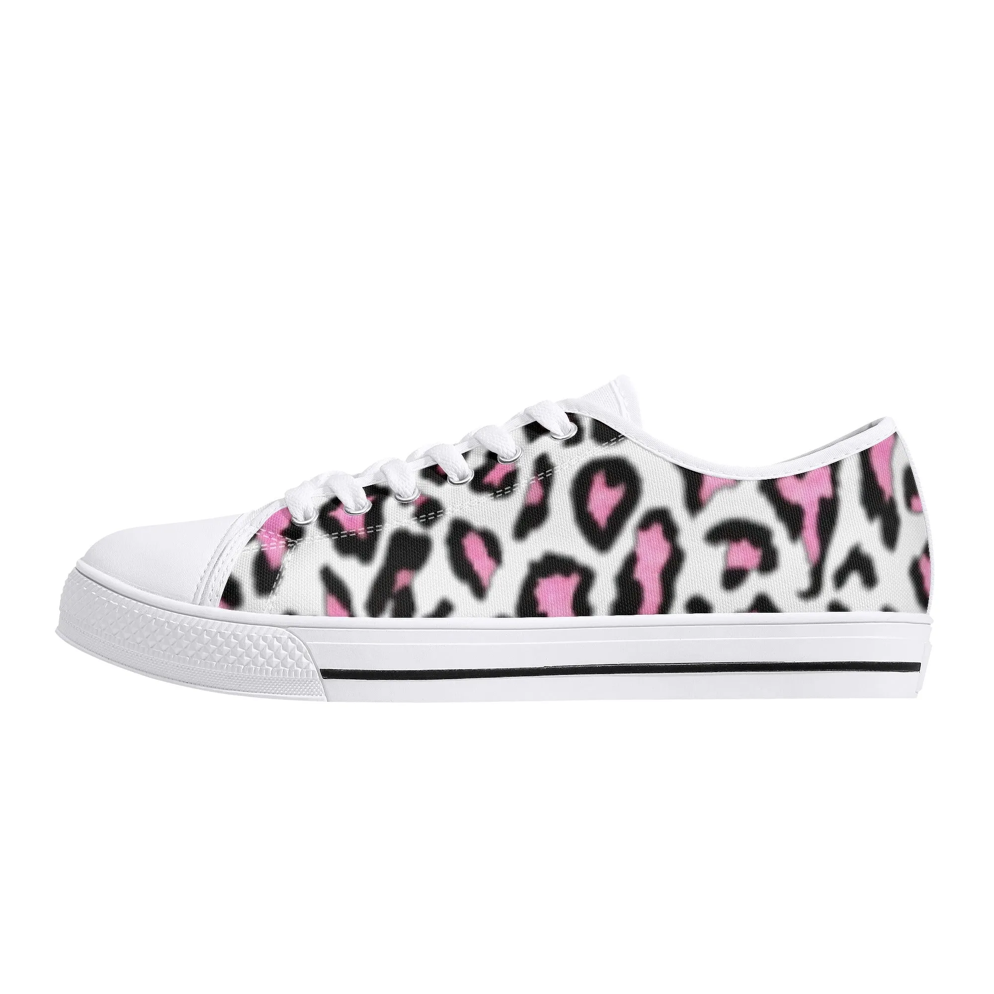 Women's White & Pink/Black Leopard Print Low Top Canvas Shoes
